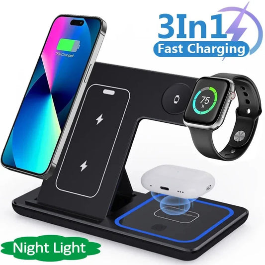 3 in 1 Fast Wireless Charger with LED Light Foldable for iPhone 15 14 13 12 11 IWatch 9 8 7 6 5 Airpods Pro